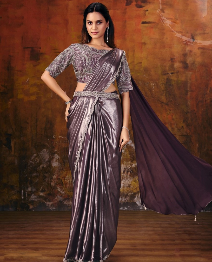 27113 - Deep Purple Embroidered Wedding Party Designer Saree